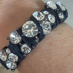Crystal Embellished Black Satin Bangle Bracelet